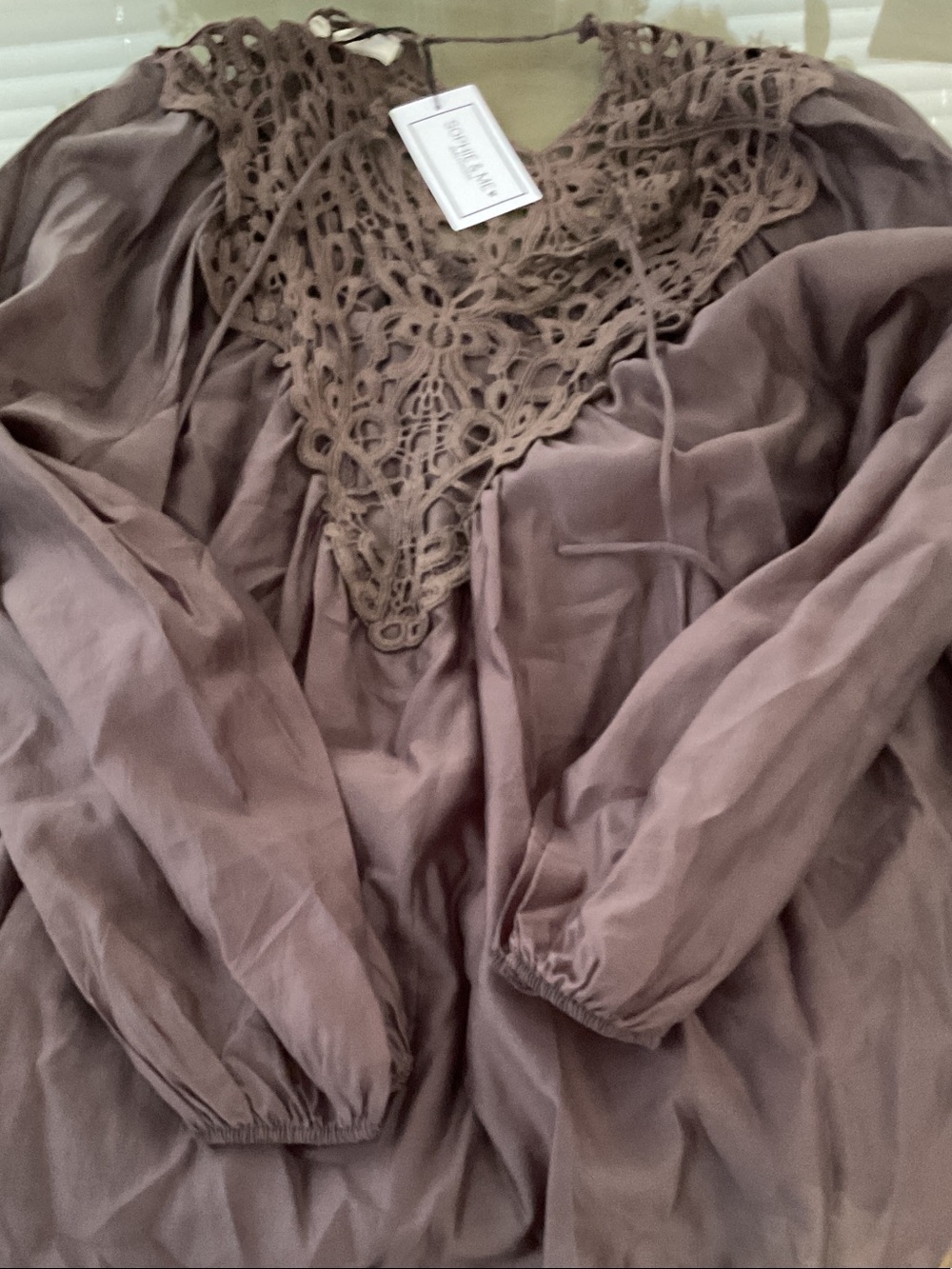 Boho Crochet Yoke Peasant Blouse - Dusty Mauve
